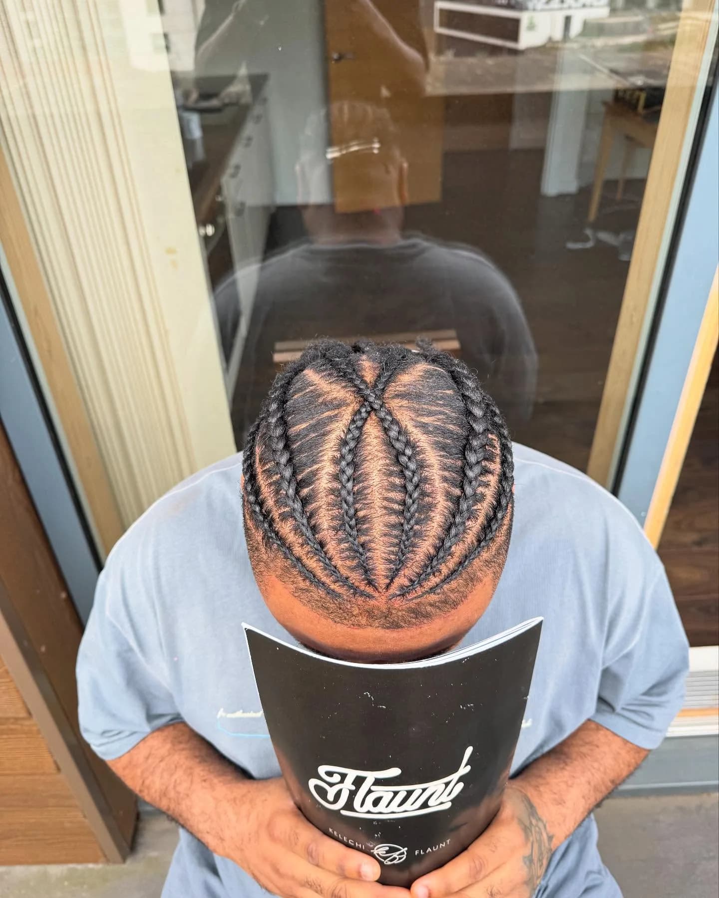 Intricate feed-in cornrows, top view